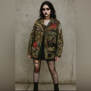 Designer Appliqued Custom Upcycled Reworked Grunge Punk Camouflage Jacket Sz L